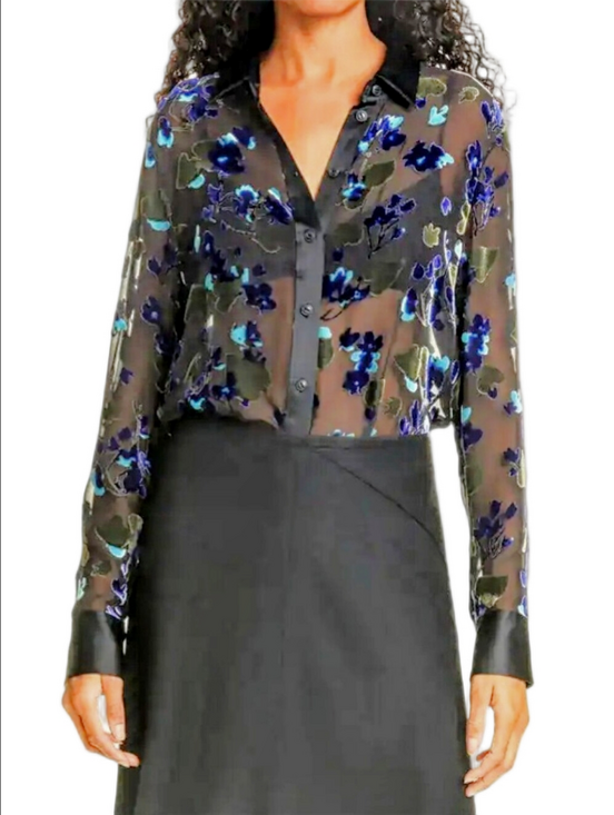 rag & bone Tops - 🆕💙RAG & BONE "GIGI" BLACK SILK  BLEND SHEER BLOUSE BLUE FLORAL VELVET BURNOUT